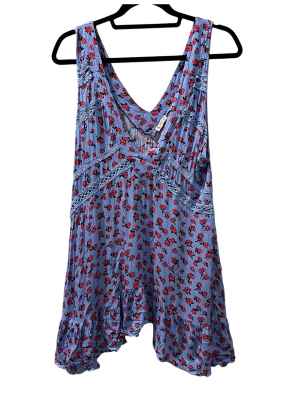 Free People Intimately Let It Happen Blue Floral Lace Trim Mini Slip Dress Med